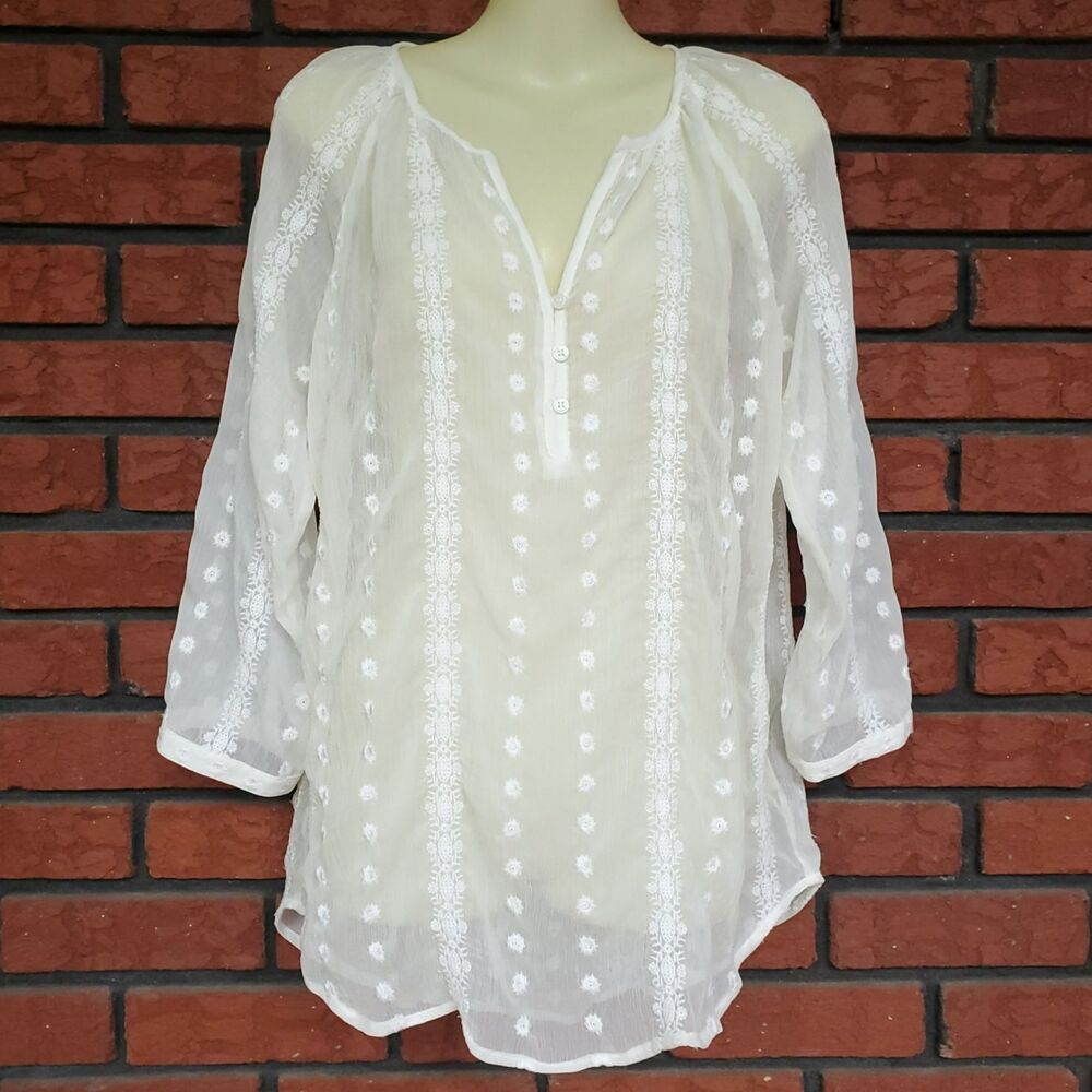 Semi Sheer Embroidered Popover Top Sz M 3/4 Sleeve Boho Fairy Etherial Coverup